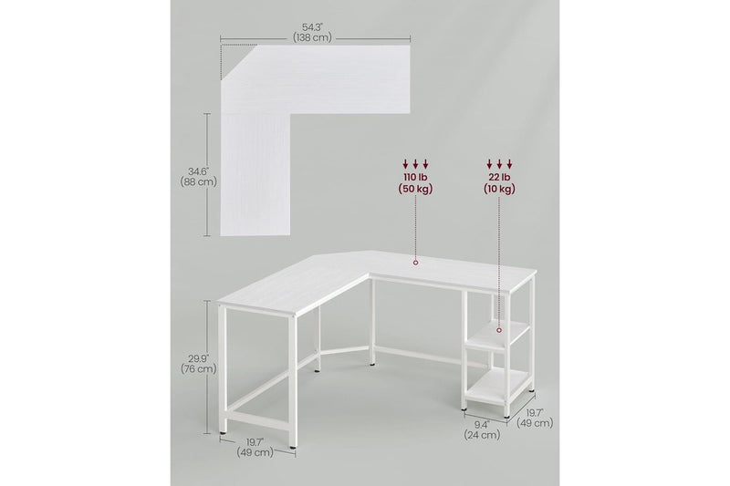 Vasagle L-Shape Computer Desk with 2 Storage Shelves - Maple White