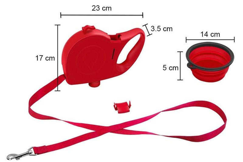 PETSWOL 3-in-1 Dog Leash with Water Bottle & Foldable Bowl - Red