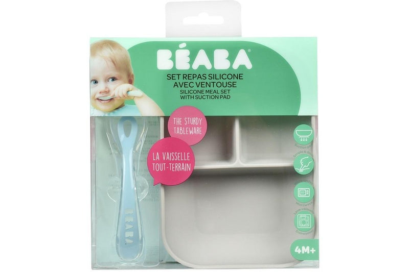 Beaba: Silicone Suction Divided Plate & Spoon - Grey