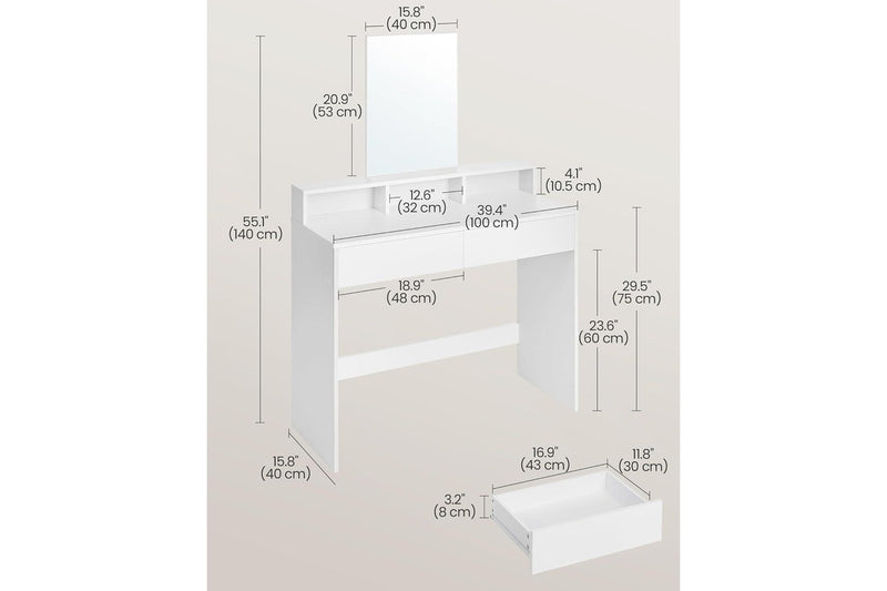 VASAGLE Dressing Table with Large Mirror - White