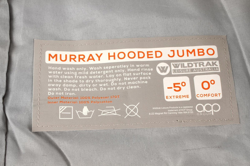 Wildtrak Murray 230x80cm Hooded Jumbo Sleeping Bag Camping Hiking Sleeper Grey