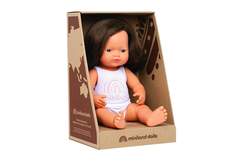 Miniland Baby Doll Caucasian Brunette Girl 38cm Kids Fun Pretend Play Toy 10m+