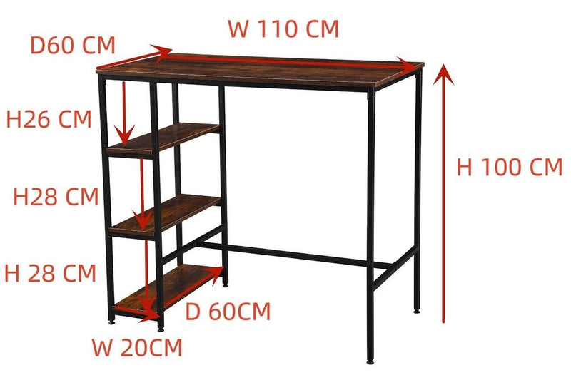 Rectangular Bar Table with Three Shelves - Rustic Brown