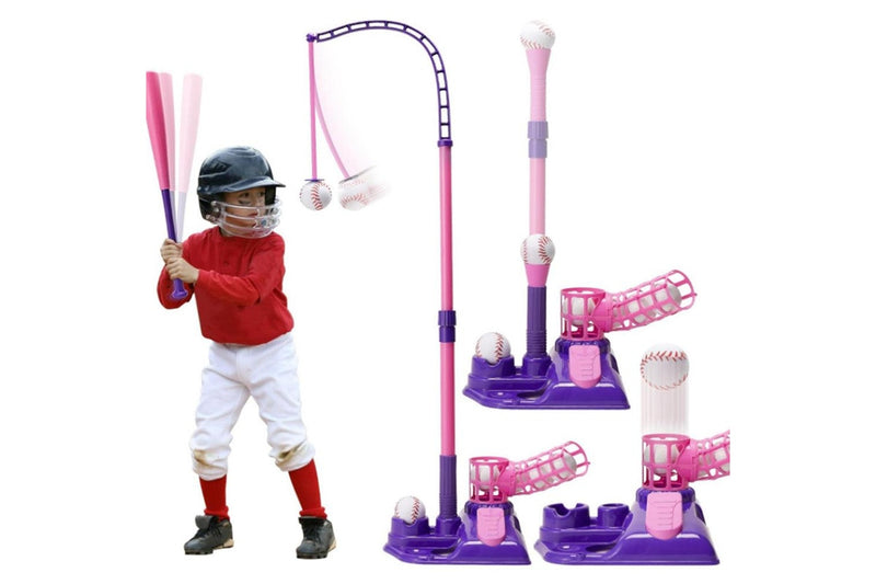 3-in-1 Tee Ball Set for Kids Retractable Baseball Batting Tee Set Pink