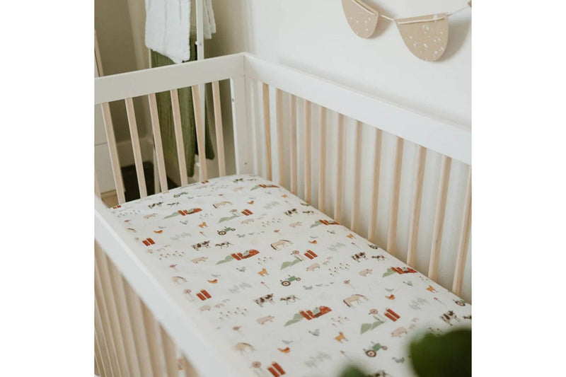 Little Unicorn: Muslin Fitted Cot Sheet - Farmyard