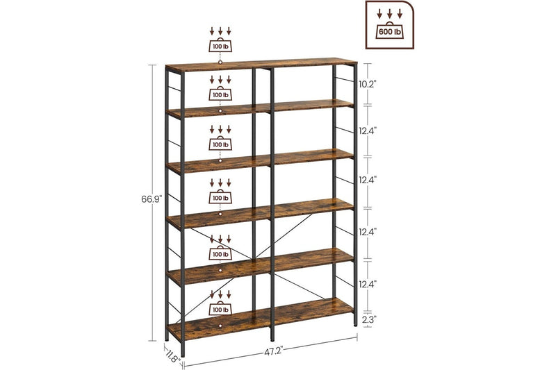 VASAGLE Large 6-Tier Tall Bookshelf - Rustic Brown & Black