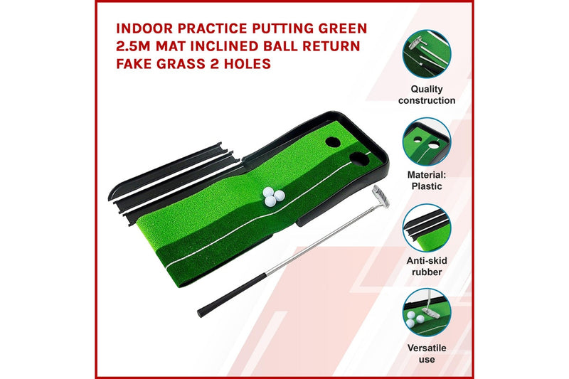 Indoor Practice Putting Green 2.5m Mat Inclined Ball Return Fake Grass 2 Holes