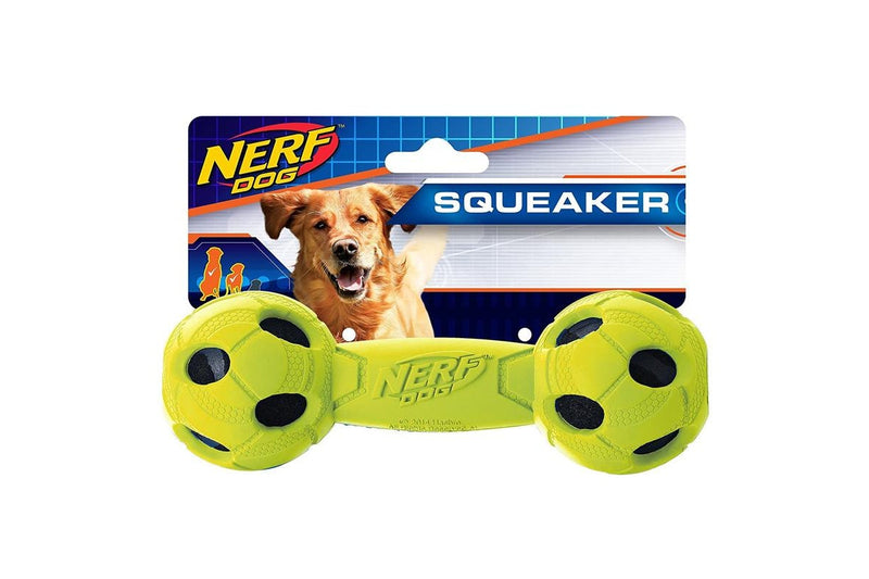 Nerf Dog Pet Indoor Outdoor Medium Rubber Tire Barbell Squeaker Chew Toy Green