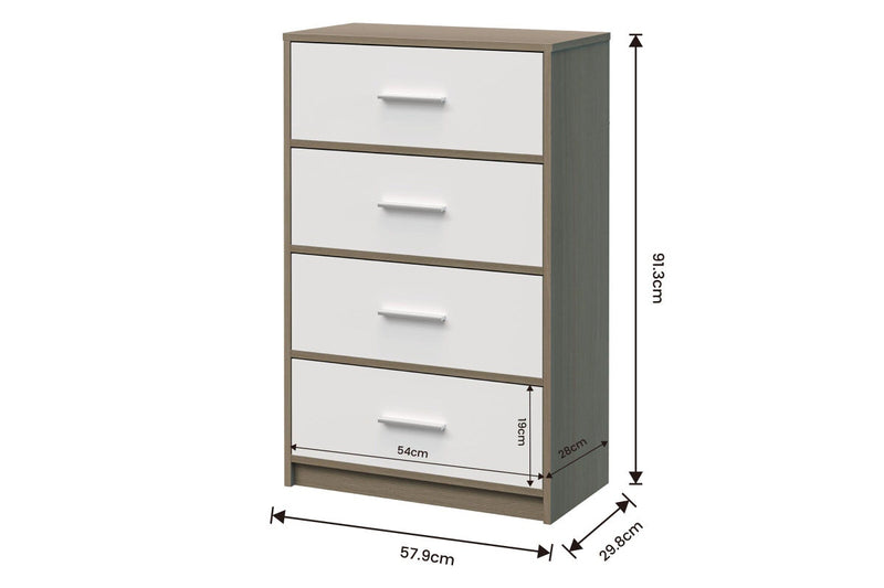 Fraser Country: Lada Home 4 Drawer Storage Dresser - Grey & White With Silver Handle