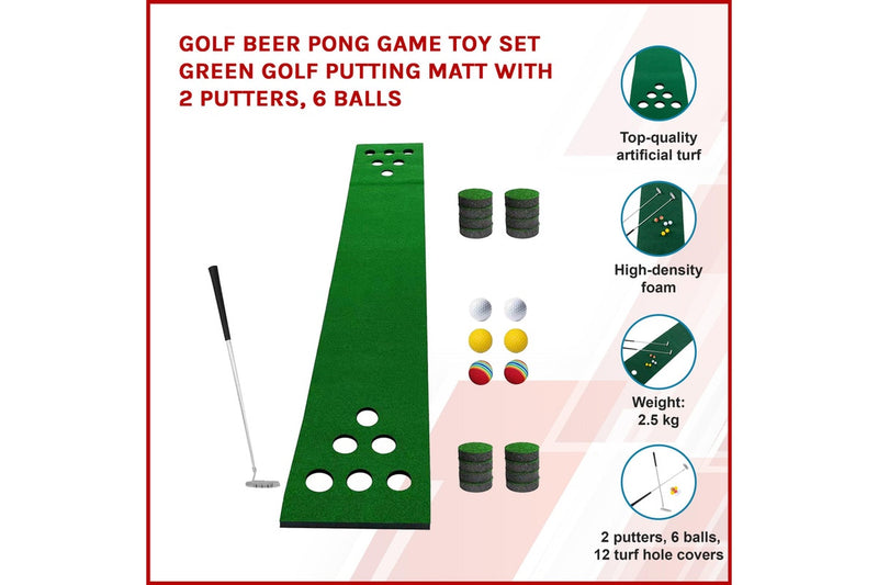 Golf Beer Pong Game Toy Set Green Golf Putting Matt with 2 Putters, 6 Balls