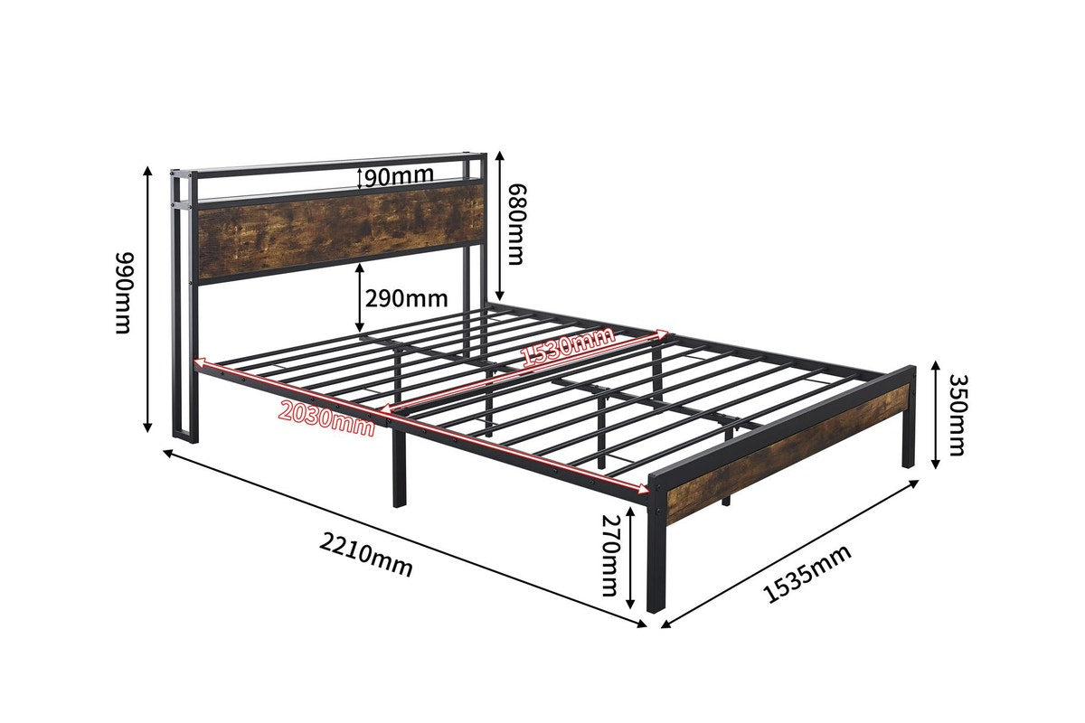 Fraser Country Queen Metal Bed Frame with Wooden Rustic Brown Headboard & Footboard - Black