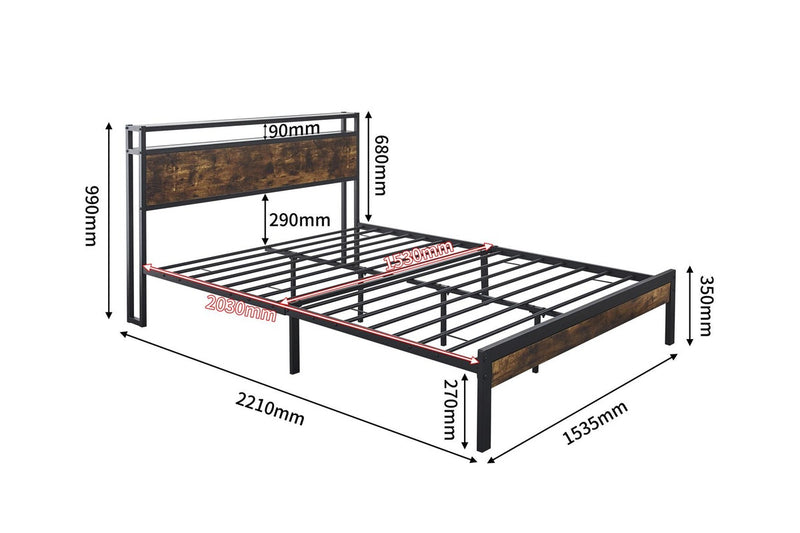 Fraser Country Queen Metal Bed Frame with Wooden Rustic Brown Headboard & Footboard - Black