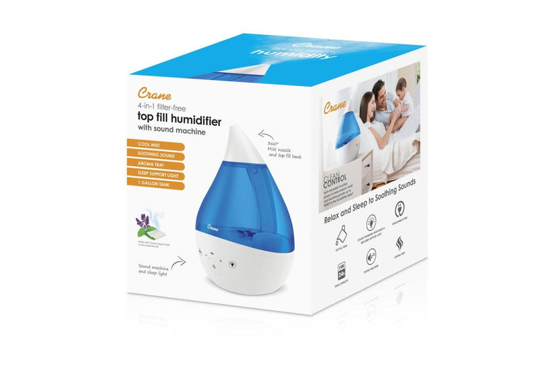 Crane: 4 in 1 Top Fill Drop Humidifier with Sound Machine - Blue/White