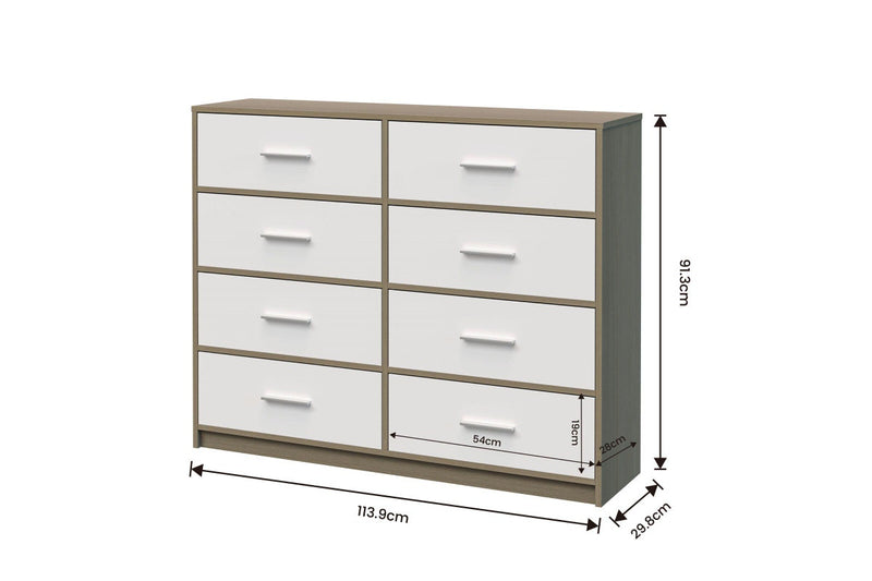 Fraser Country: Lada Home 8 Drawer Storage Dresser - Grey & White With Silver Handle