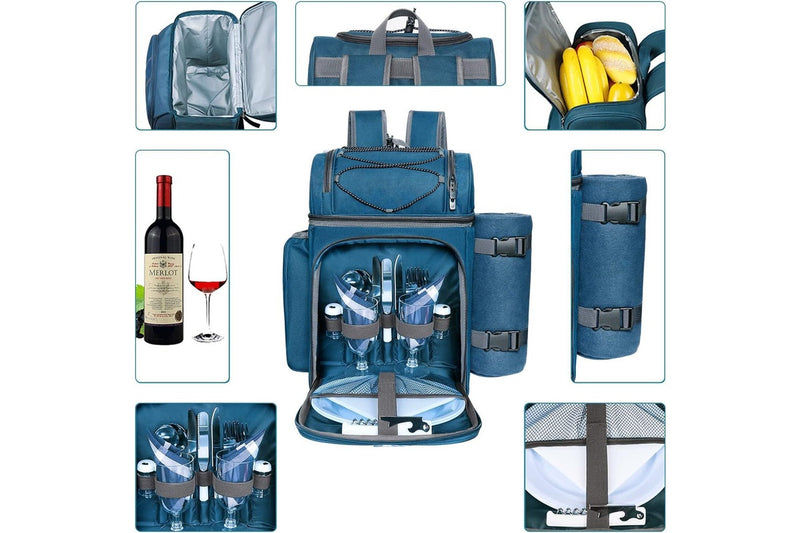 Picnic Basket Backpack for 2 Person, Insulated Cooler, Wine Holder, Fleece Blanket, Cutlery Set