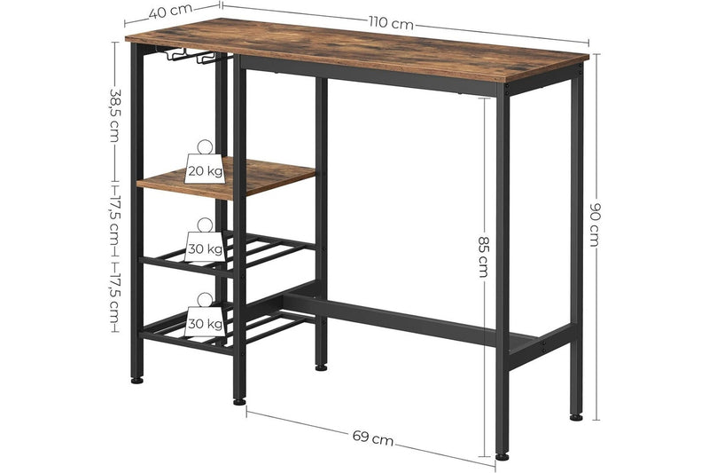 VASAGLE Bar Table with Wine Glass Holder and Bottle Rack - Rustic Brown & Black