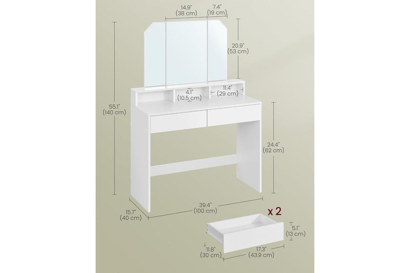 VASAGLE Dressing Table with Tri-Fold Mirror - White