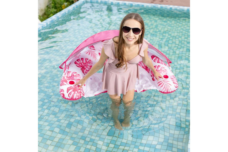 Inflatable Pool Floating Chair with Cup Holder Pool Chair Lounge Float with Adjustable Sun Shade Cover Pink