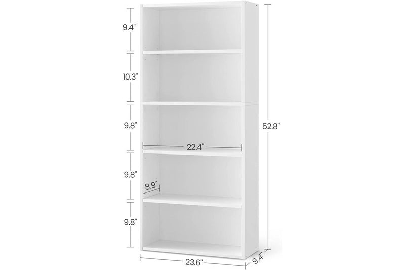 VASAGLE Floor Standing 5-Tier Open Bookcase with Adjustable Storage Shelves - White