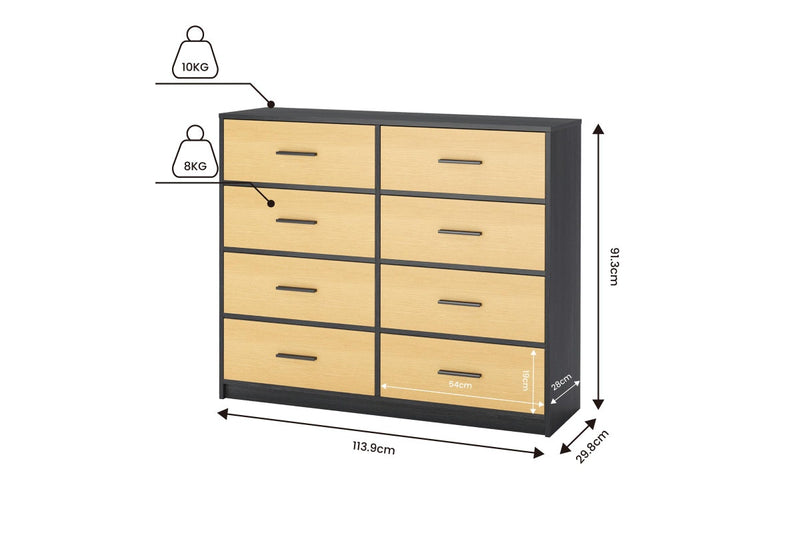 Fraser Country -Lada Home 8 Drawer Storage Dresser Wide Black & Oak