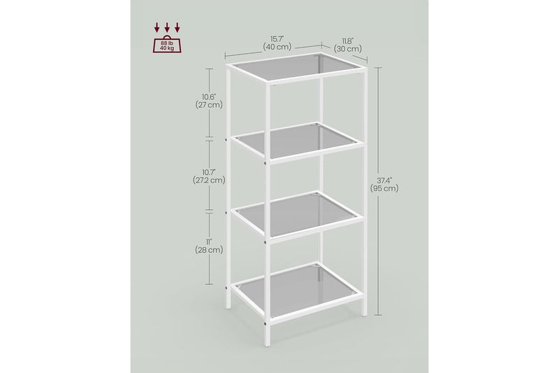 VASAGLE 4-Tier Bookshelf with Tempered Glass - Pearl White and Slate Gray