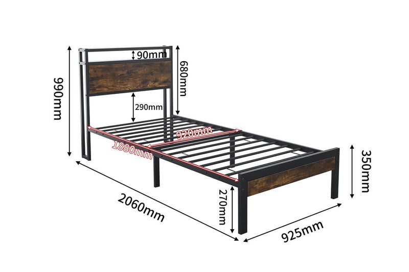 Fraser Country Single Metal Bed Frame with Wooden Rustic Brown Headboard & Footboard - Black