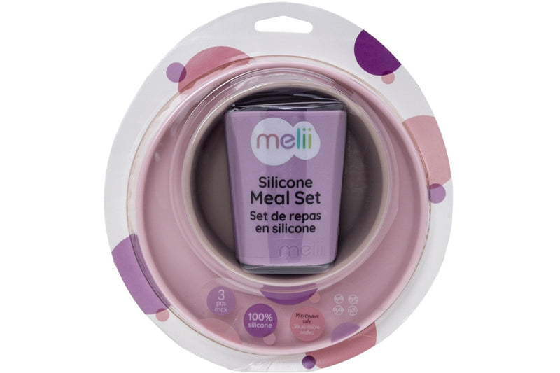 Melii: 3 Piece Silicone Feeding Set - Pink + Purple + Grey