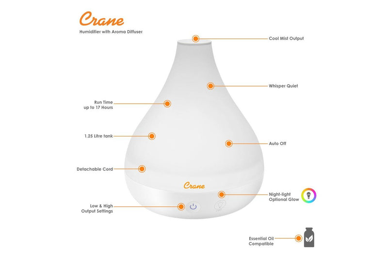 Crane: Cool Mist Humidifier & Aroma Diffuser - White