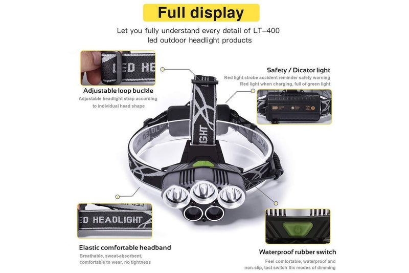 Rechargeable Waterproof Headlamp Flashlight with 5 Cree LEDs