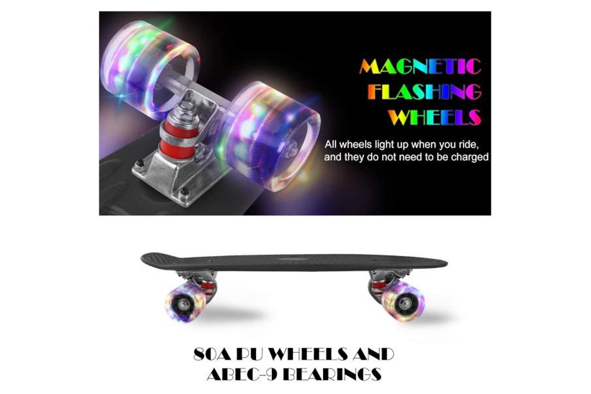 Complete 22Inches Skateboard For Beginners Kids Girls Boys Plastic Banana Board With Colorful Led Wheels Black - Standard