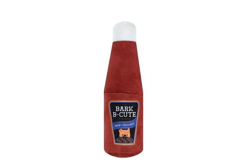 3x Paws & Claws Pet Dog 20x8cm Soft Plush Toy BBQ Sauce Bottle w Squeaker Red