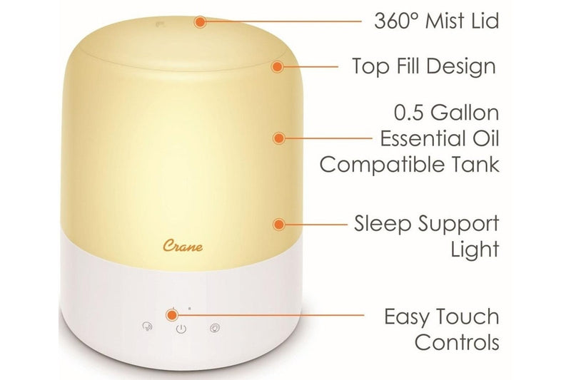 Crane: 3-in-1 Cool Mist Humidifier with Aroma Diffuser & Sleep Support Light