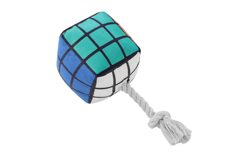 2x Pawsnclaws 11cm Magic Cube Soft Plush Pet Dog Squeaker Chew Toy w Rope Small