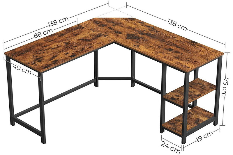 Vasagle L-Shape Computer Desk with 2 Storage Shelves - Rustic Brown