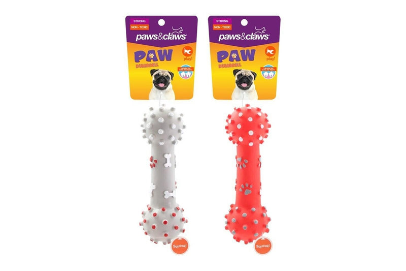 3x Paws & Claws 25.5cm Paw Print Dumbbell Vinyl Teething Dog Chew Bite Toy Asst.