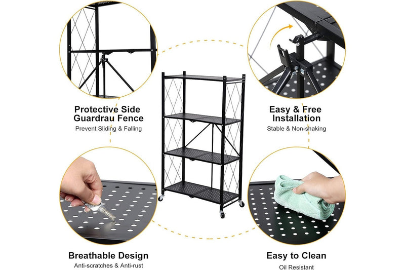 4 Tier Foldable Metal Rack Storage Shelving Unit with Wheels