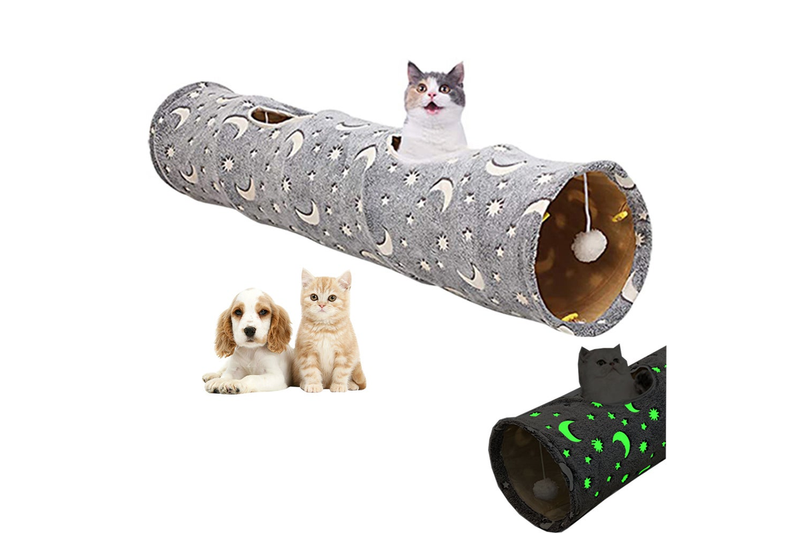 Pet Cat Tunnel Toy With Plush Ball Collapsible Self-Luminous Photoluminescence For Small Animals Pets - Star And Moon