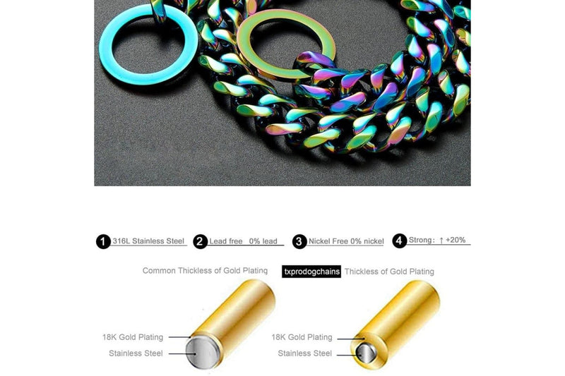 15mm Strong Heavy Duty Thick Wide Stainless Steel Multicolour Dog Chain Collar