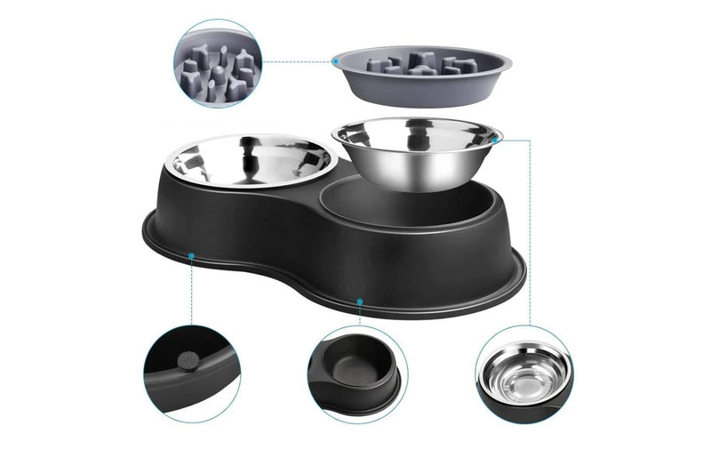 PETSWOL Dog Water and Food Bowls with Slow Feeder - Black