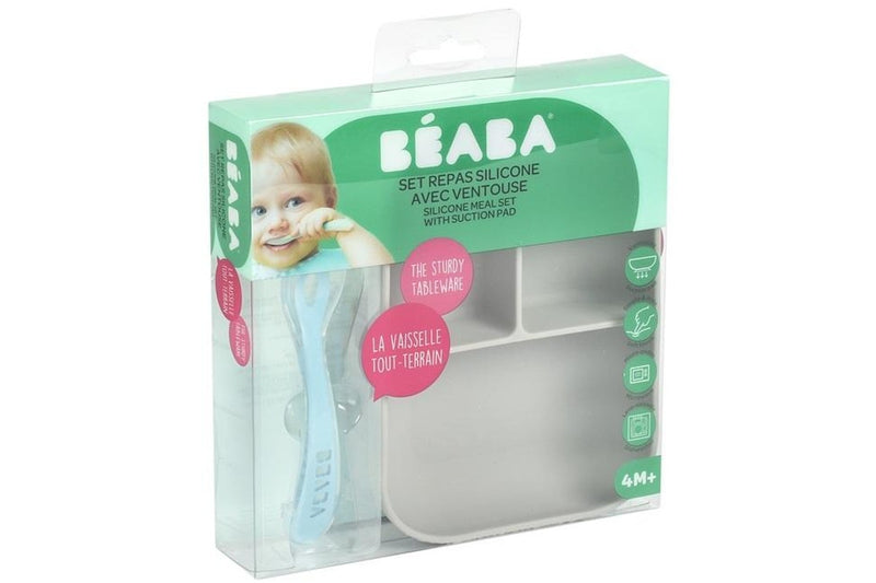 Beaba: Silicone Suction Divided Plate & Spoon - Grey