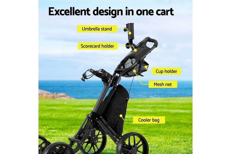 Golf Buggy Foldable Trolley Golf Cart Wheels Umbrella Bottle Holder