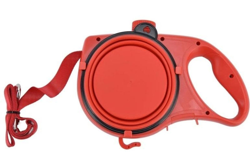 PETSWOL 3-in-1 Dog Leash with Water Bottle & Foldable Bowl - Red