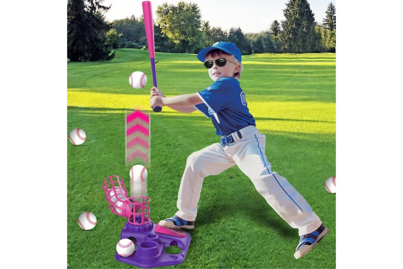 3-in-1 Tee Ball Set for Kids Retractable Baseball Batting Tee Set Pink