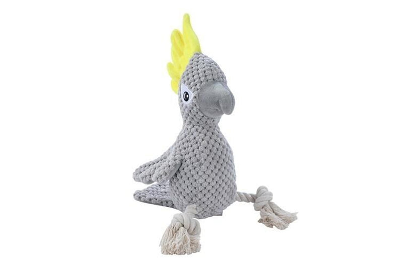 2x Paws & Claws 30cm Cockatoo Soft Plush Dog Chew Bite Toy w Rope Squeaker Grey