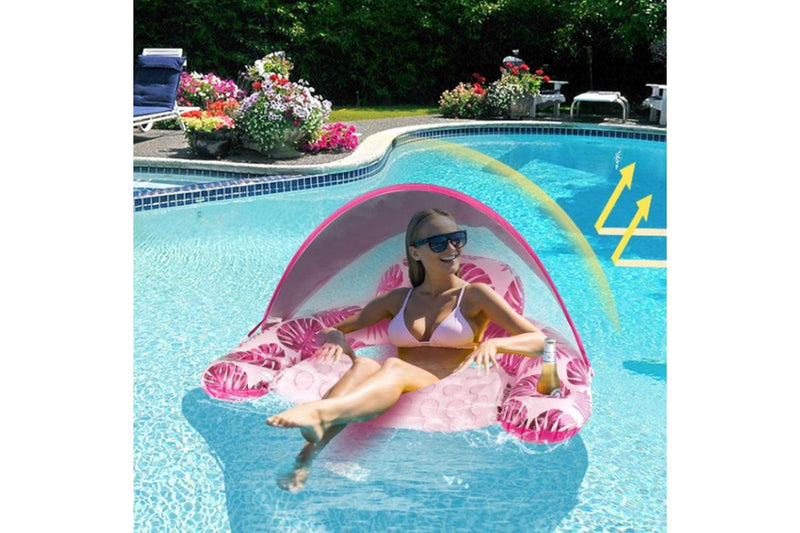 Inflatable Pool Floating Chair with Cup Holder Pool Chair Lounge Float with Adjustable Sun Shade Cover Pink