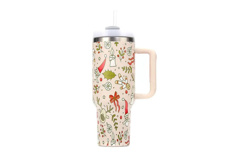 40oz Stainless Steel Christmas Pattern Water Bottle Thermal Mug Travel Tumbler Christmas Gifts Beige