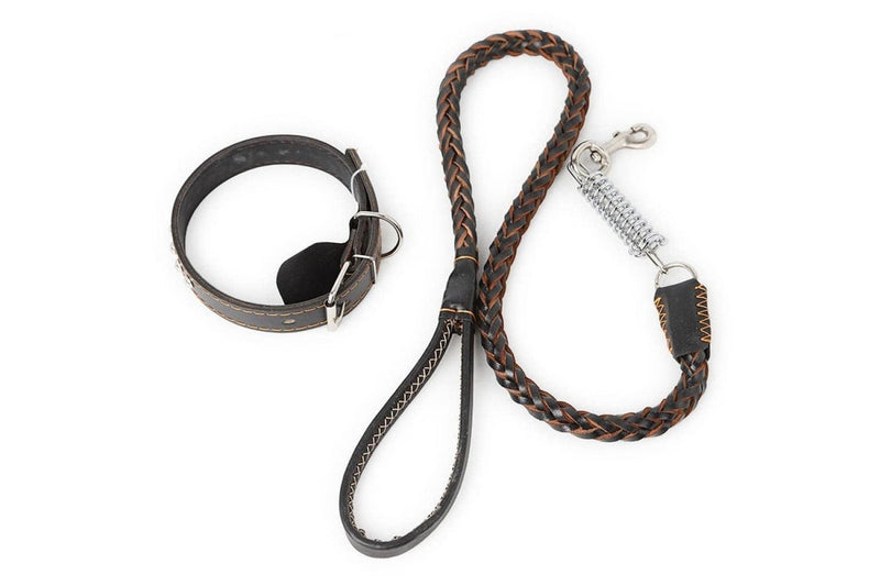 Durable Soft Braided Leather Pet Collar Leash Set For Medium Big Dogs