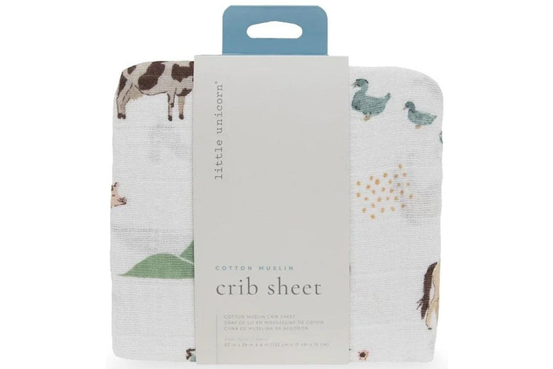 Little Unicorn: Muslin Fitted Cot Sheet - Farmyard