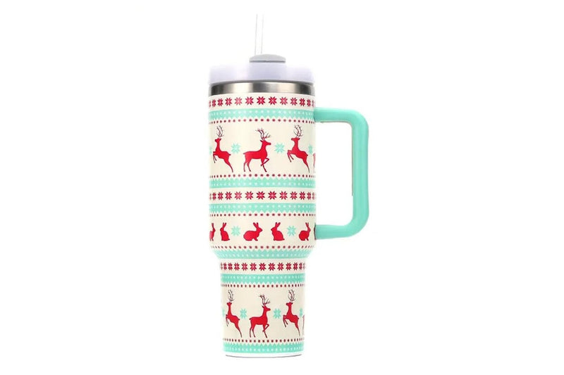 40oz Stainless Steel Christmas Pattern Water Bottle Thermal Mug Travel Tumbler Christmas Gifts Green