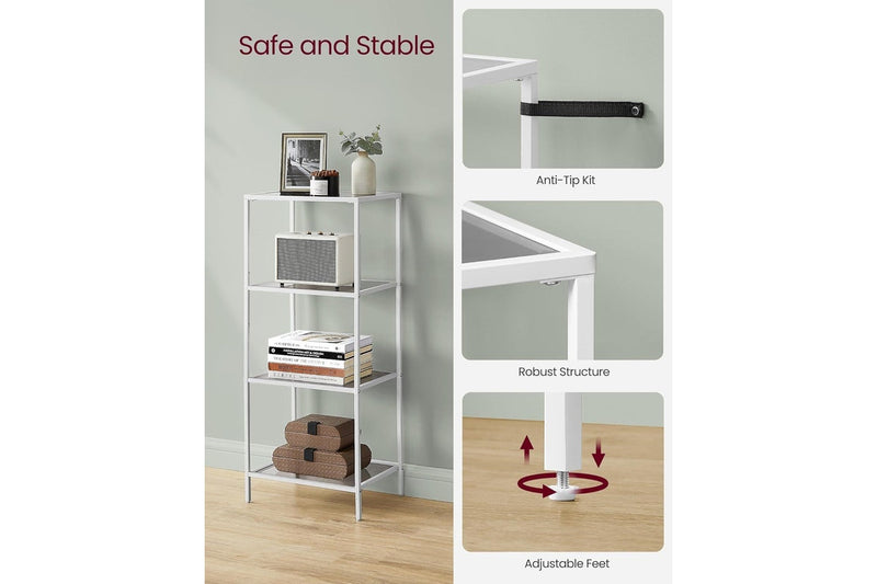 VASAGLE 4-Tier Bookshelf with Tempered Glass - Pearl White and Slate Gray